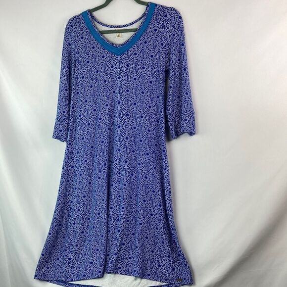 Hatley 3/4 length split sleeve blue and white sun pattern dress with teal Med - Picture 1 of 9